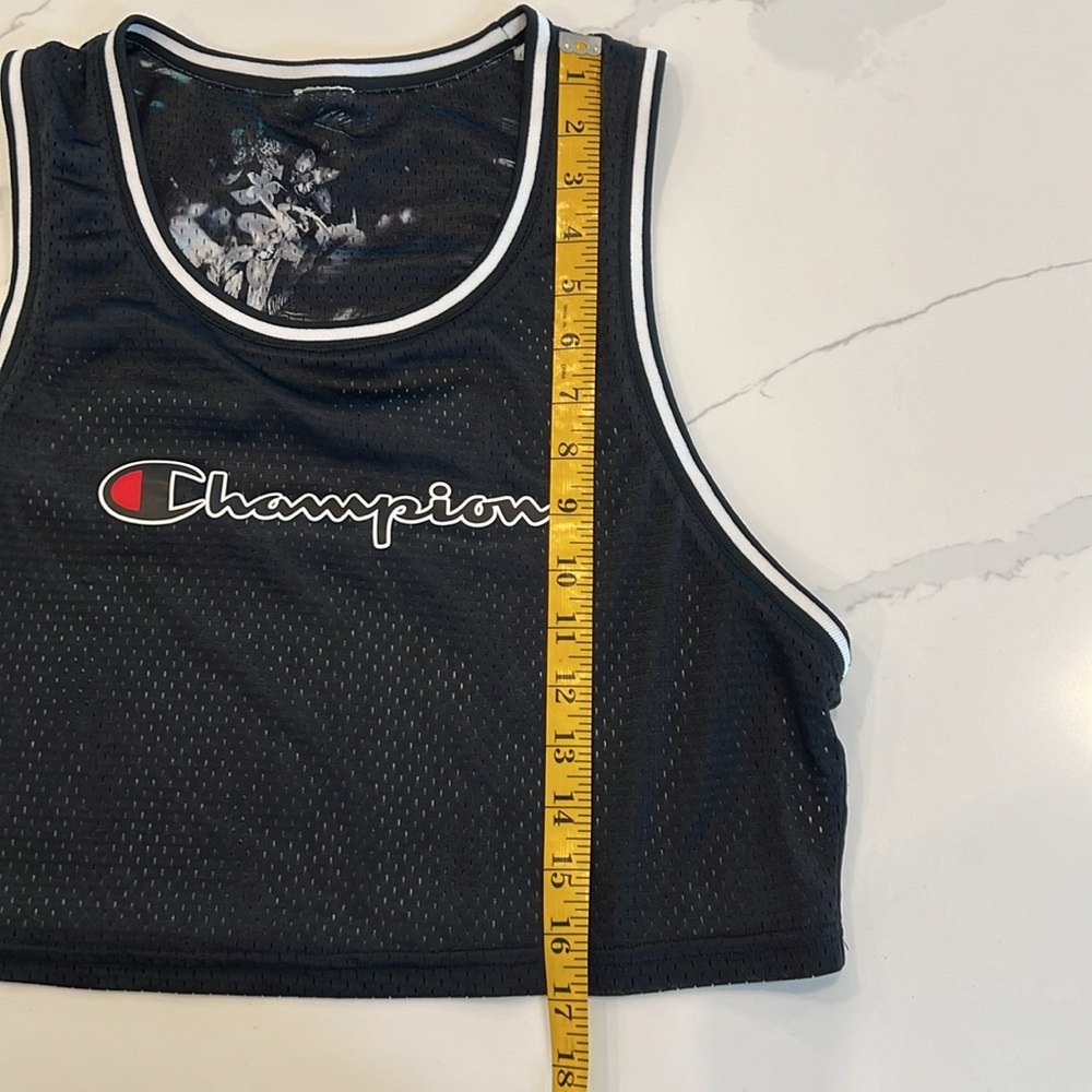 CHAMPION Cropped Mesh Reversible Basketball Jersey Tank Top, Black / Floral, S‎ - Picture 15 of 15